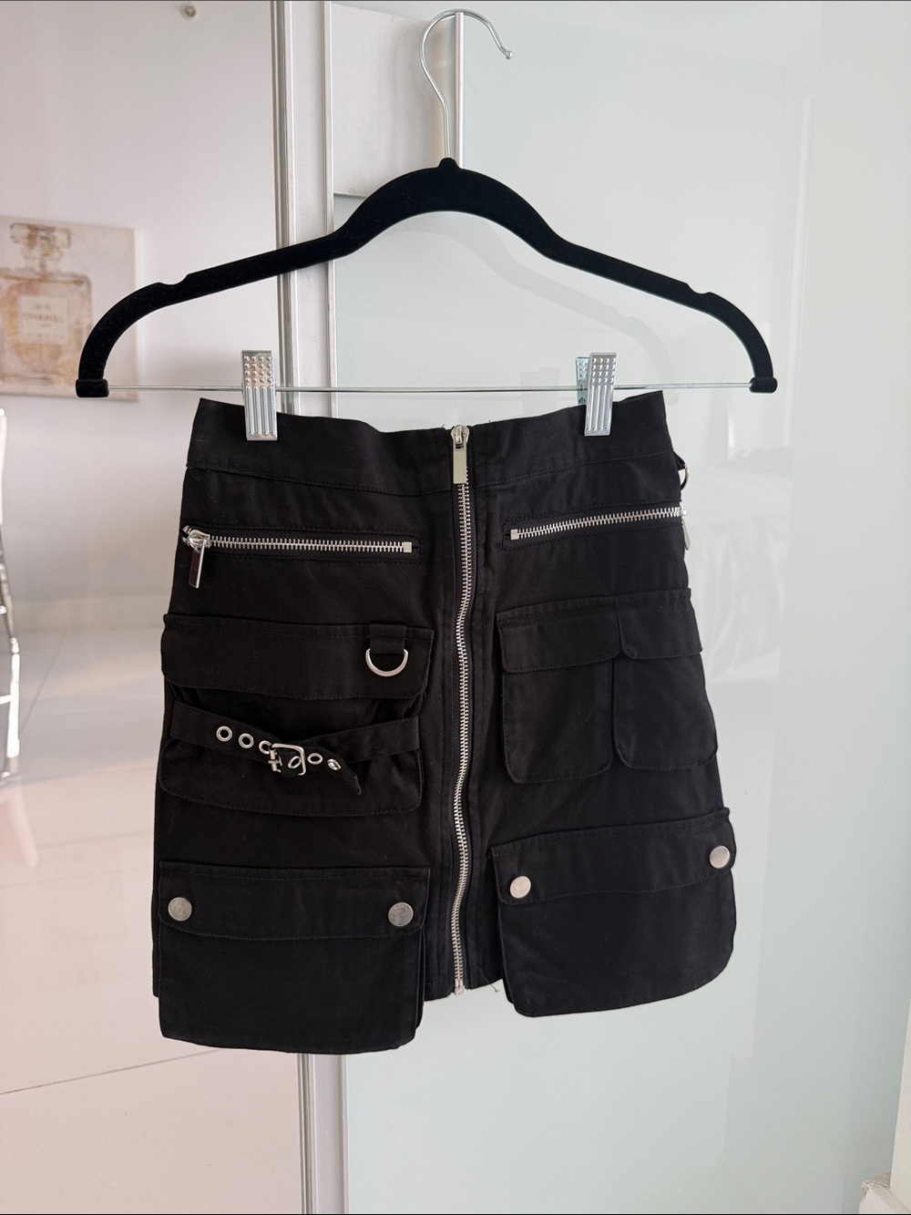 Black Utility Mini Cargo skirt with Front Zip